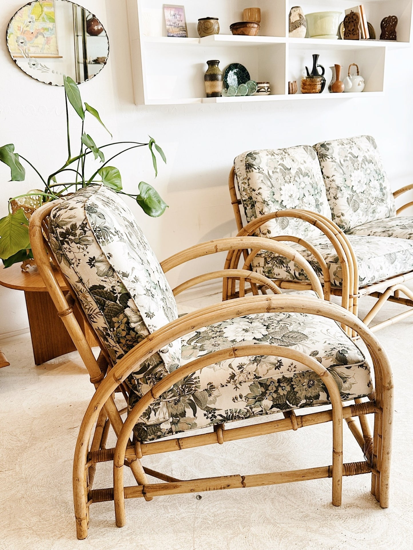 40s Vintage Rattan Paul Frankl Style Rattan Cane Armchair & Two Seater Set