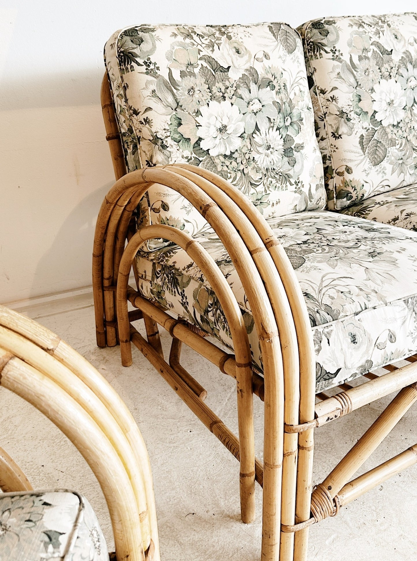 40s Vintage Rattan Paul Frankl Style Rattan Cane Armchair & Two Seater Set