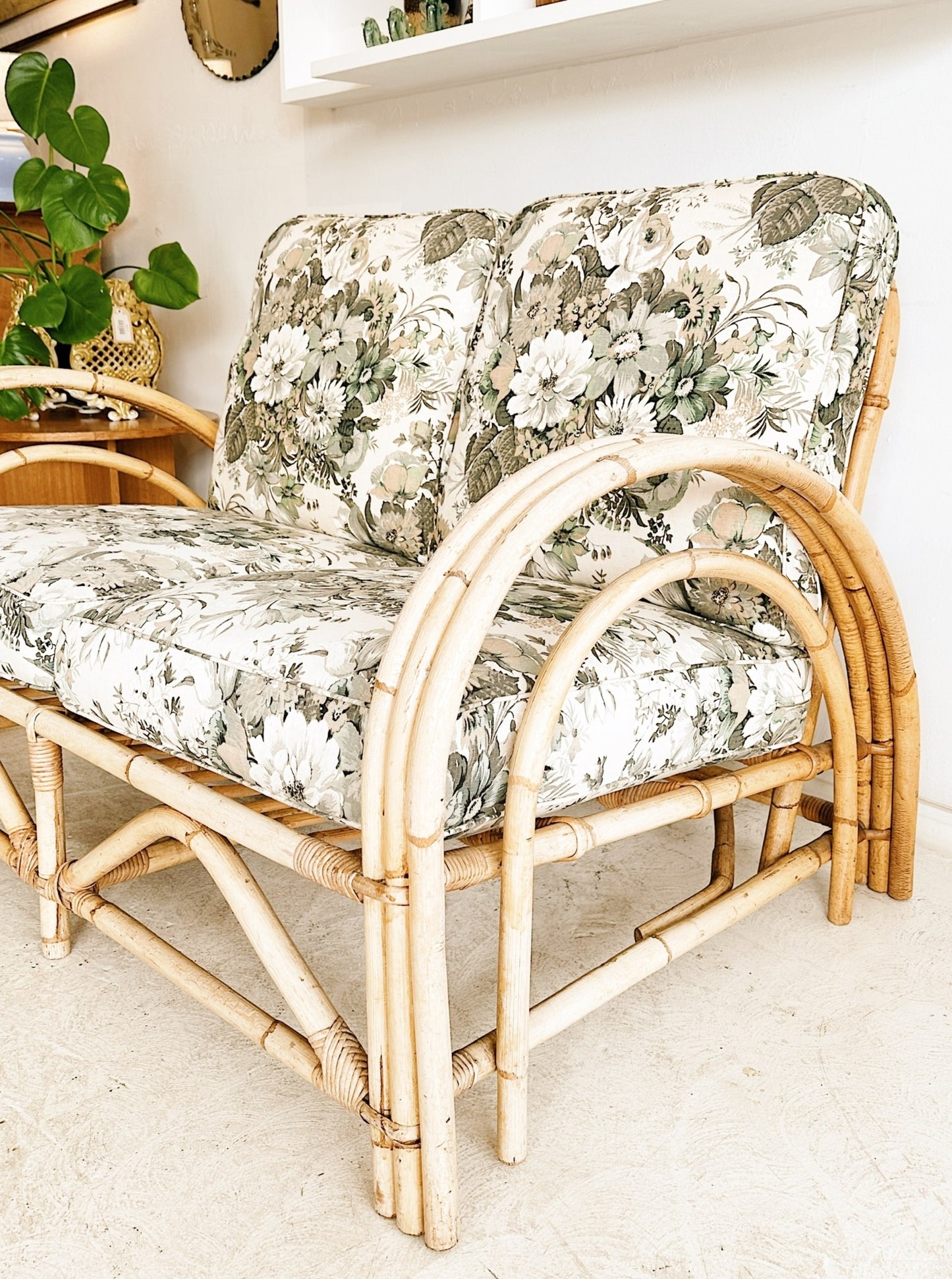 40s Vintage Rattan Paul Frankl Style Rattan Cane Armchair & Two Seater Set