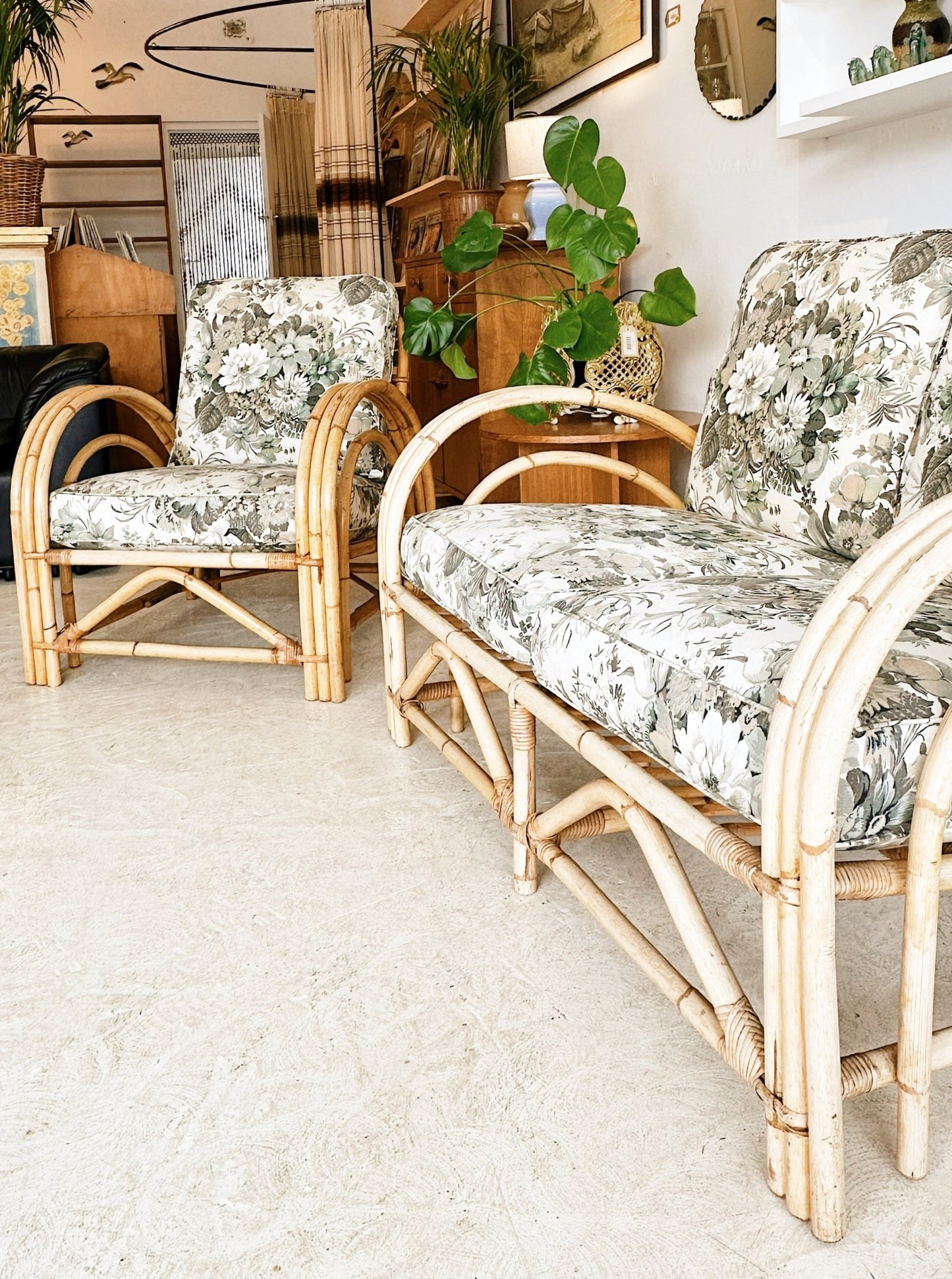 40s Vintage Rattan Paul Frankl Style Rattan Cane Armchair & Two Seater Set