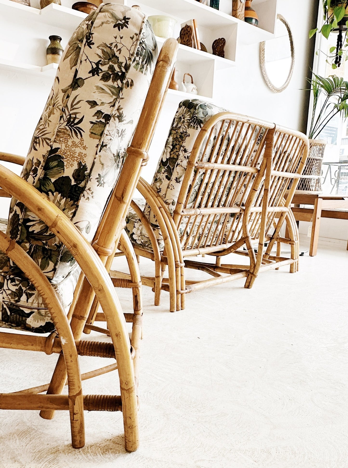 40s Vintage Rattan Paul Frankl Style Rattan Cane Armchair & Two Seater Set