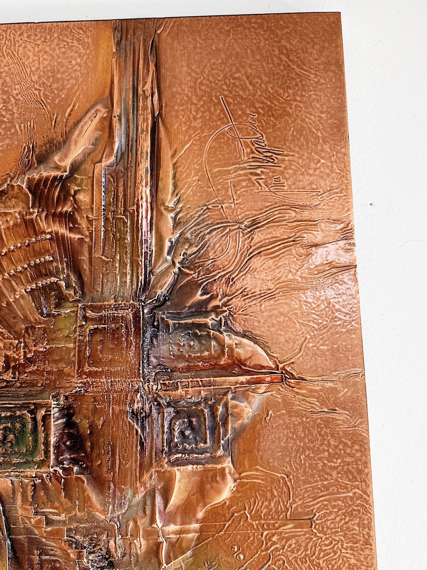 70s Vintage Abstract Copper Folk Art Wall Hanging