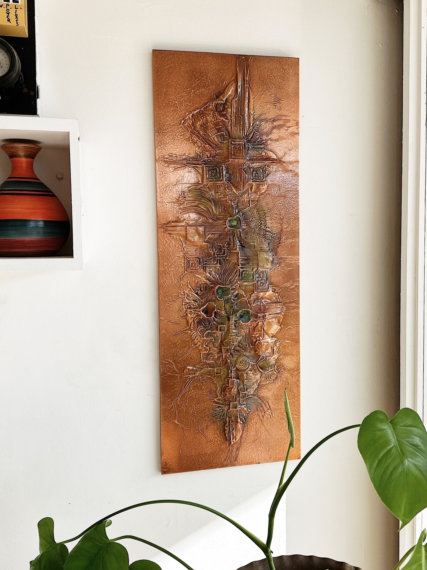 70s Vintage Abstract Copper Folk Art Wall Hanging