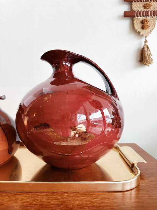 70s Vintage Maroon & Gold Swirl Pottery Urn