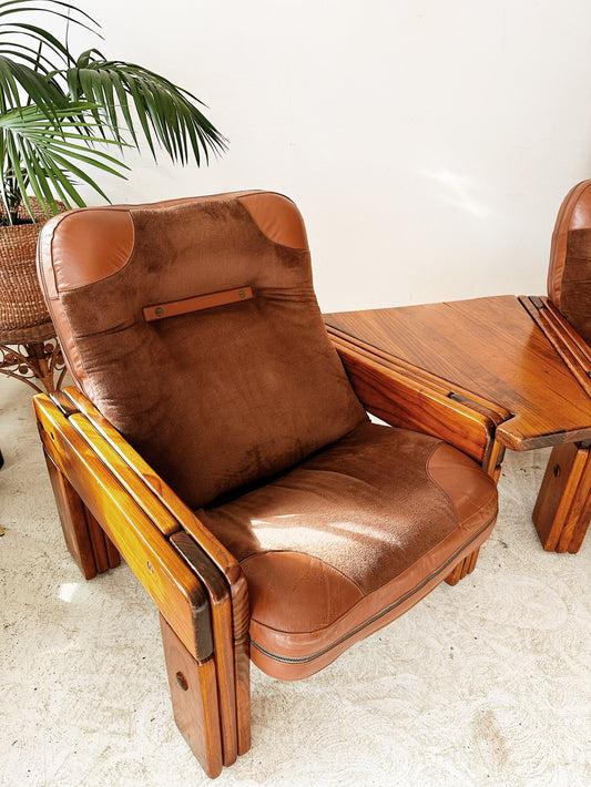 70s Vintage Post & Rail Modular Two Seater Sofa & Armchair with Coffee Table