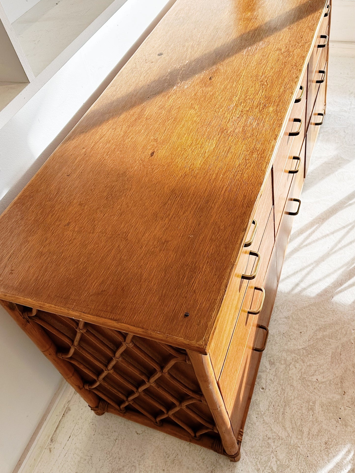 70s Vintage Rattan Chest of Drawers & 2 x Bedside Tables