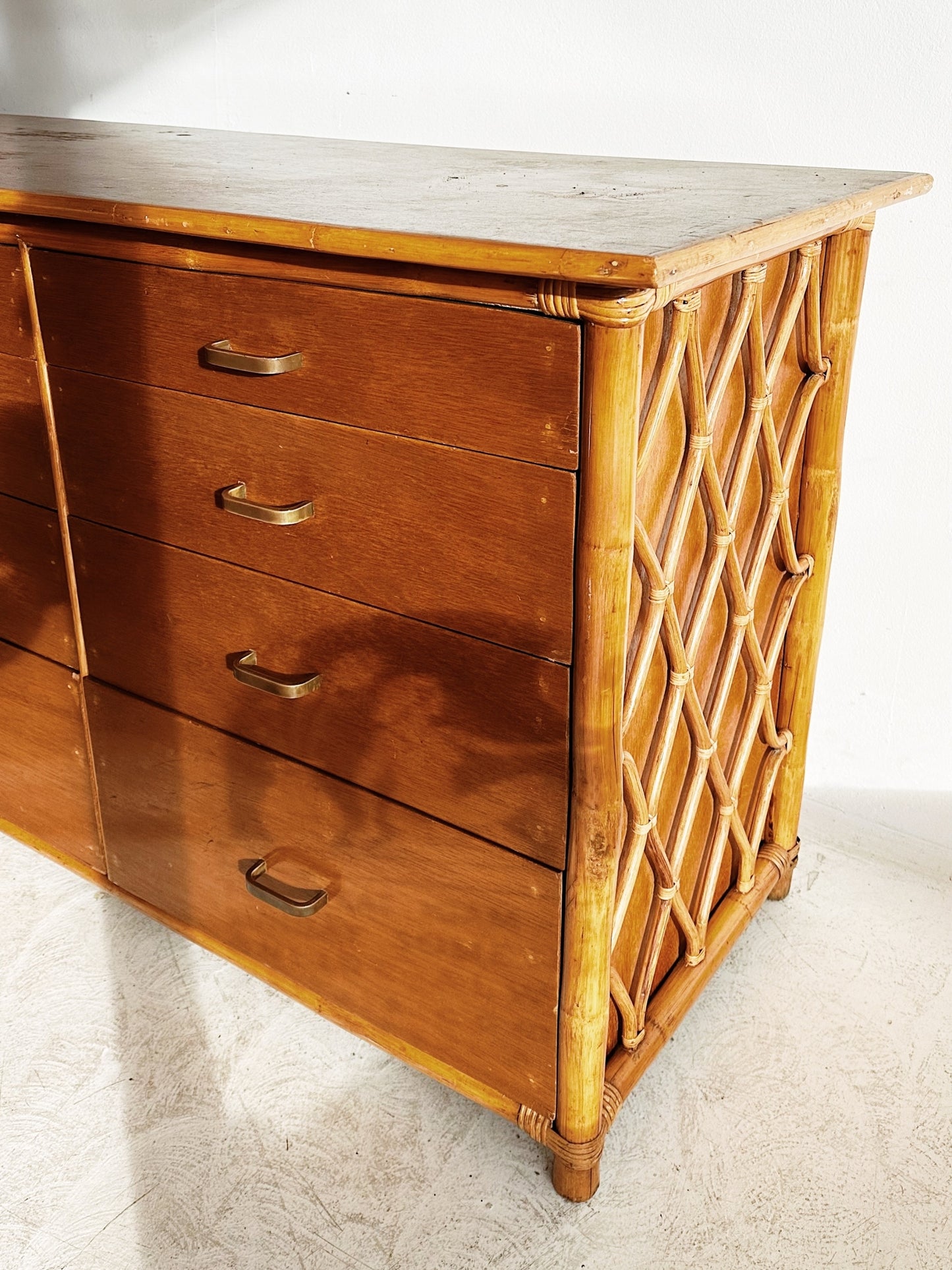 70s Vintage Rattan Chest of Drawers & 2 x Bedside Tables