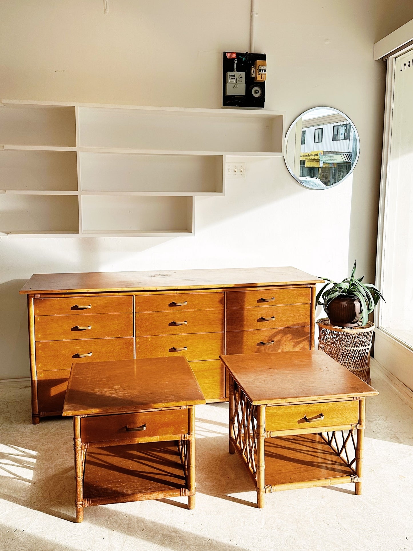 70s Vintage Rattan Chest of Drawers & 2 x Bedside Tables