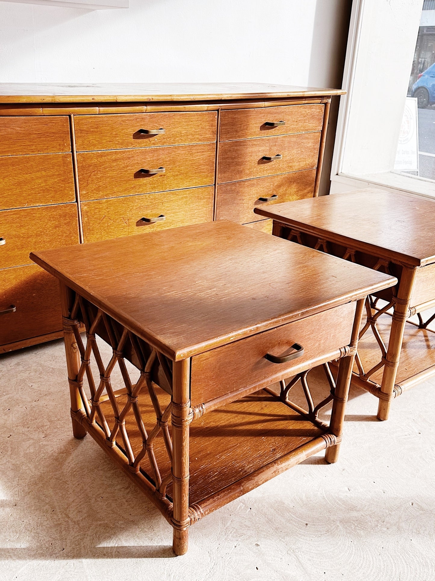 70s Vintage Rattan Chest of Drawers & 2 x Bedside Tables