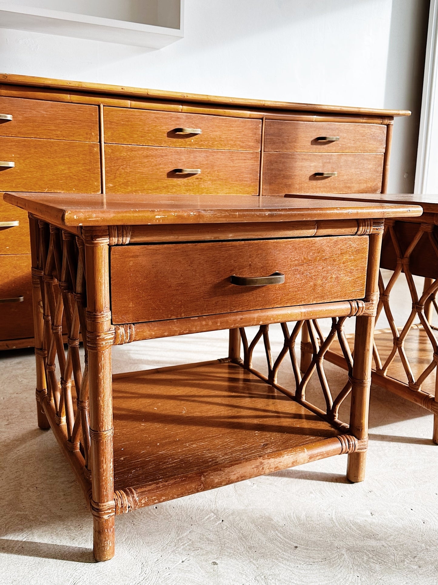 70s Vintage Rattan Chest of Drawers & 2 x Bedside Tables