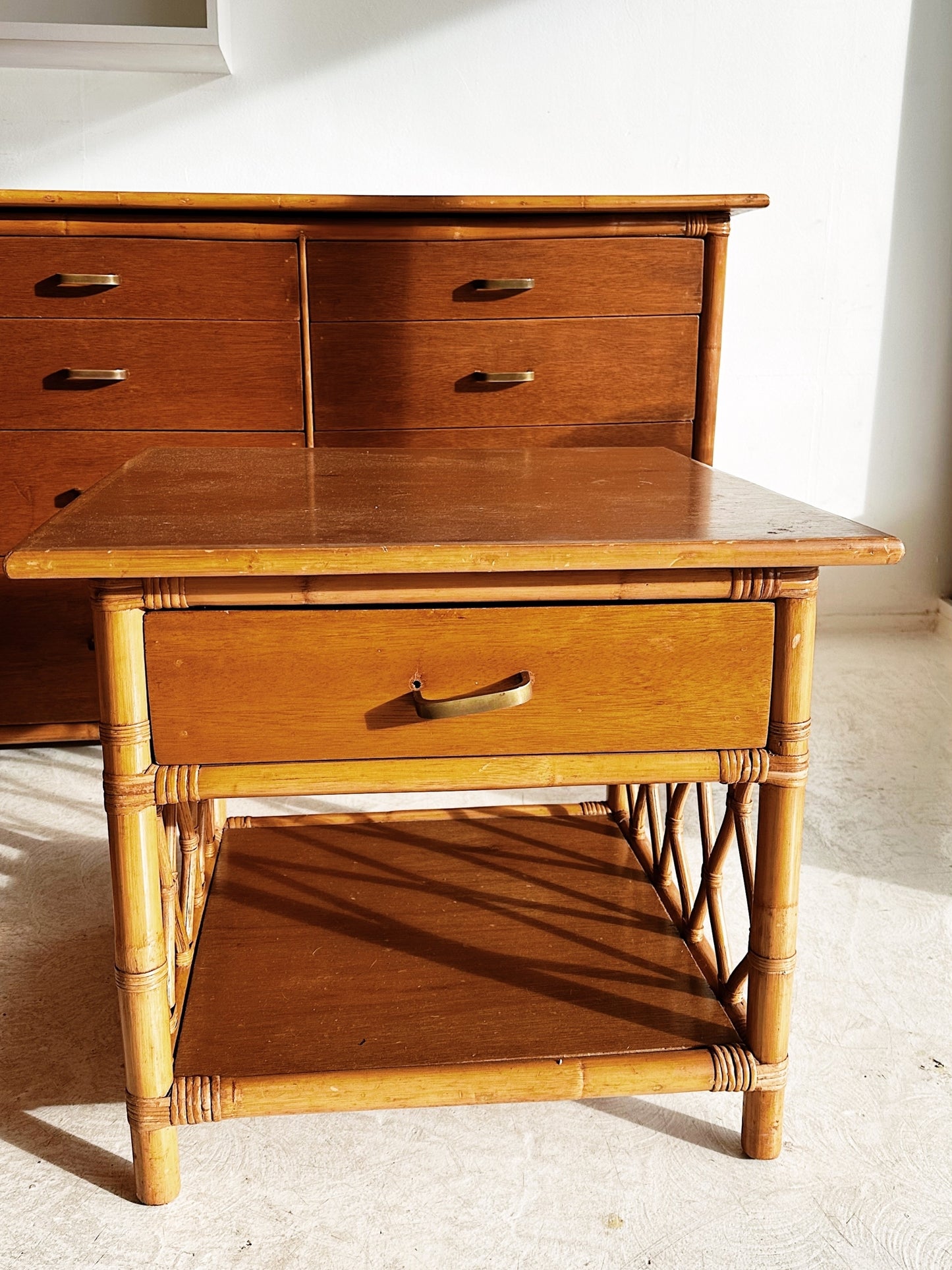 70s Vintage Rattan Chest of Drawers & 2 x Bedside Tables