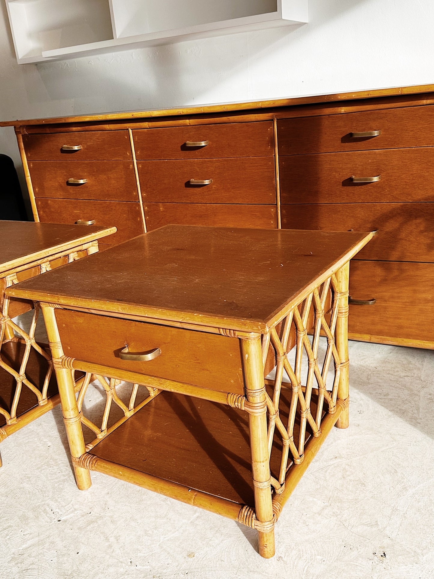 70s Vintage Rattan Chest of Drawers & 2 x Bedside Tables