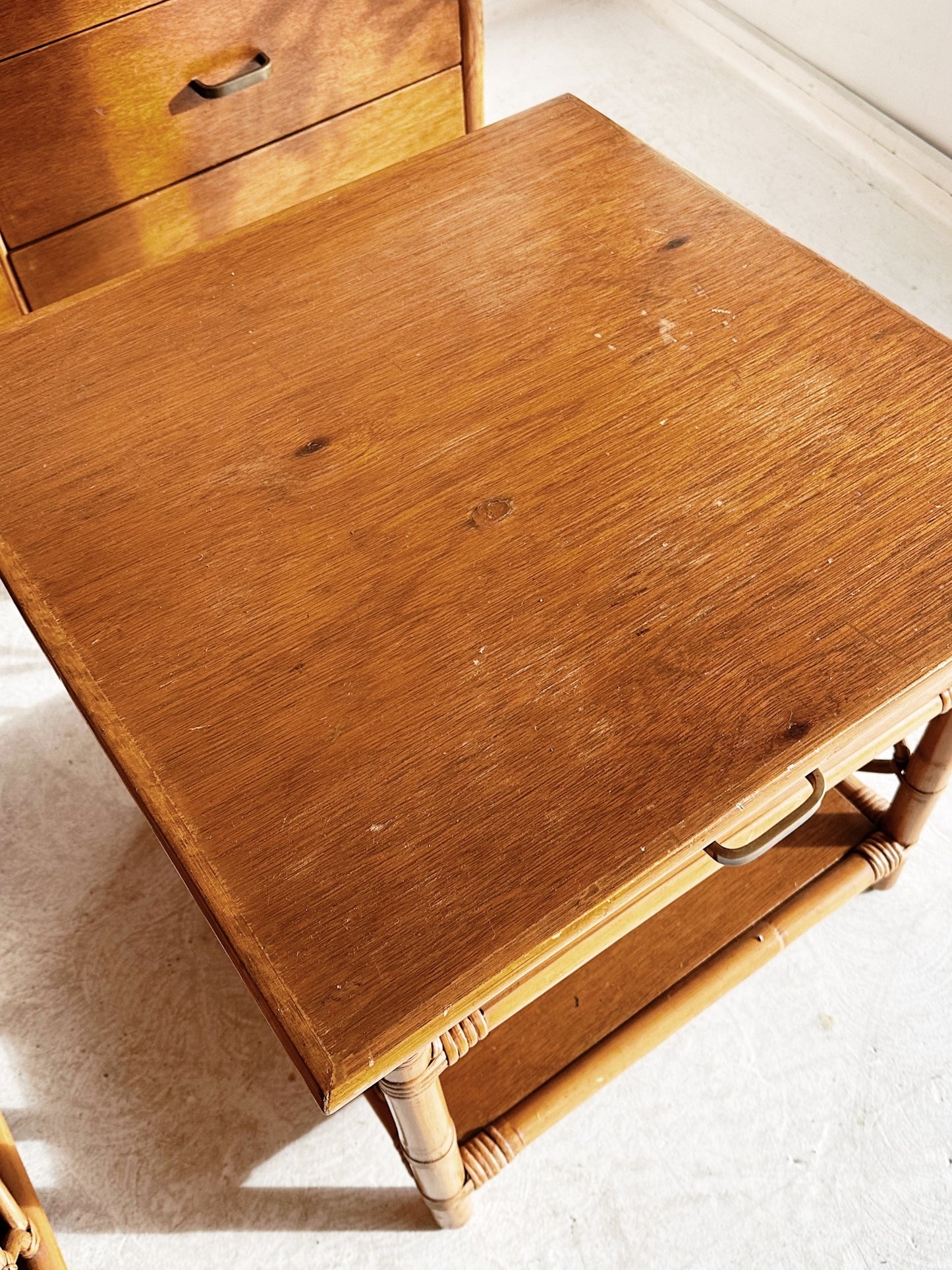 70s Vintage Rattan Chest of Drawers & 2 x Bedside Tables