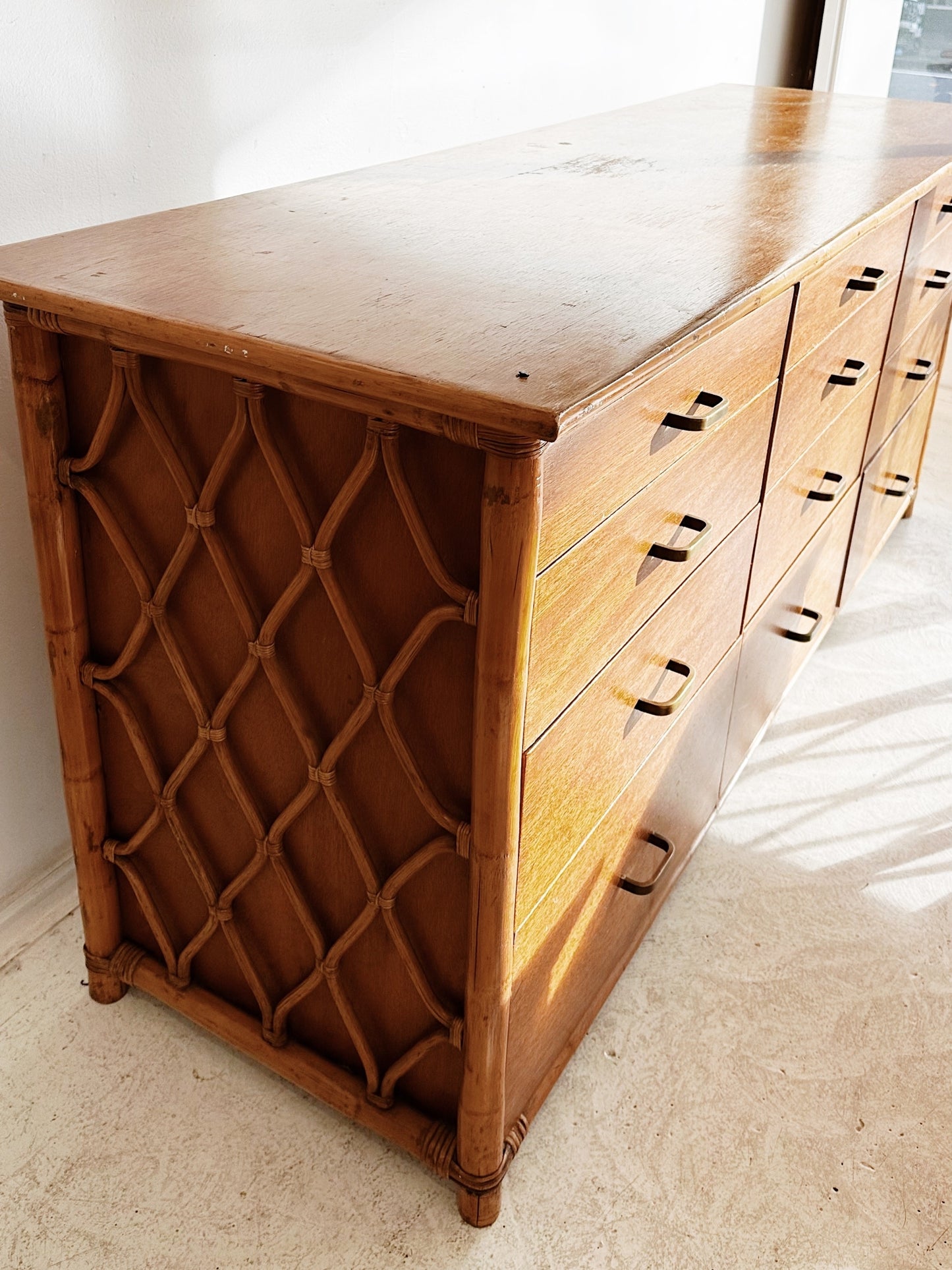 70s Vintage Rattan Chest of Drawers & 2 x Bedside Tables