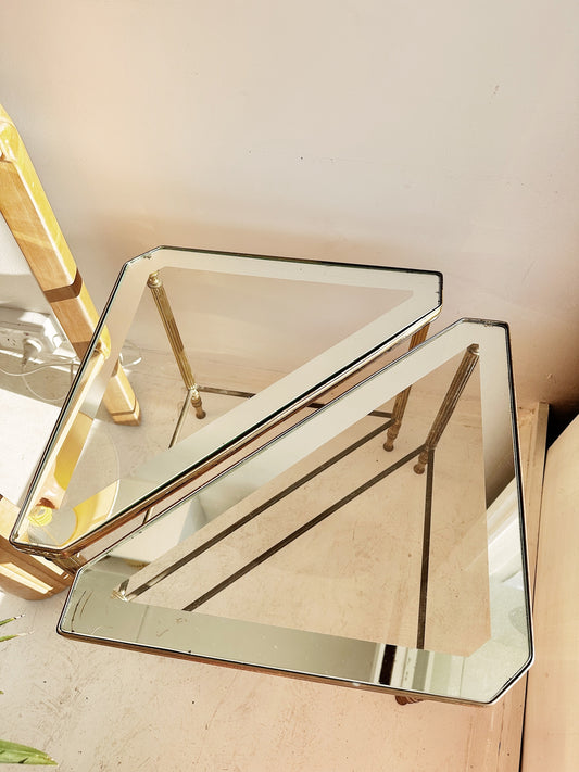 70s Vintage Triangular Gold Plated Solid Brass Side Tables / Set of 2
