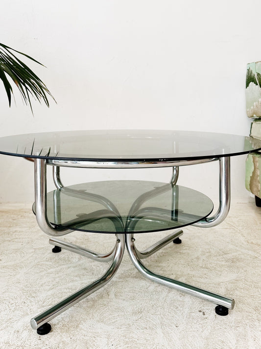 80s Vintage Smoked Glass & Chrome Coffee Table