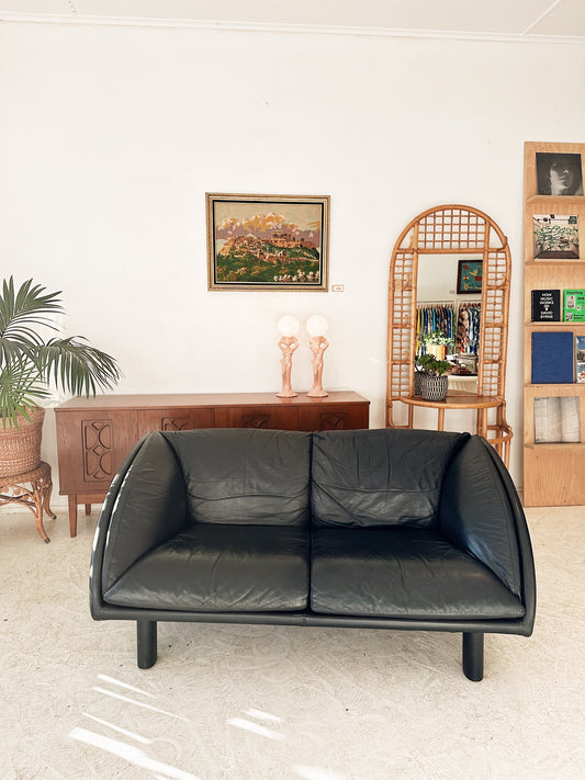 90s Vintage Postmodern Black Leather Tub Sofa Set