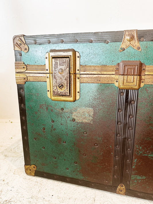 Mid Century Brass & Pine Green Metal Steamer Trunk