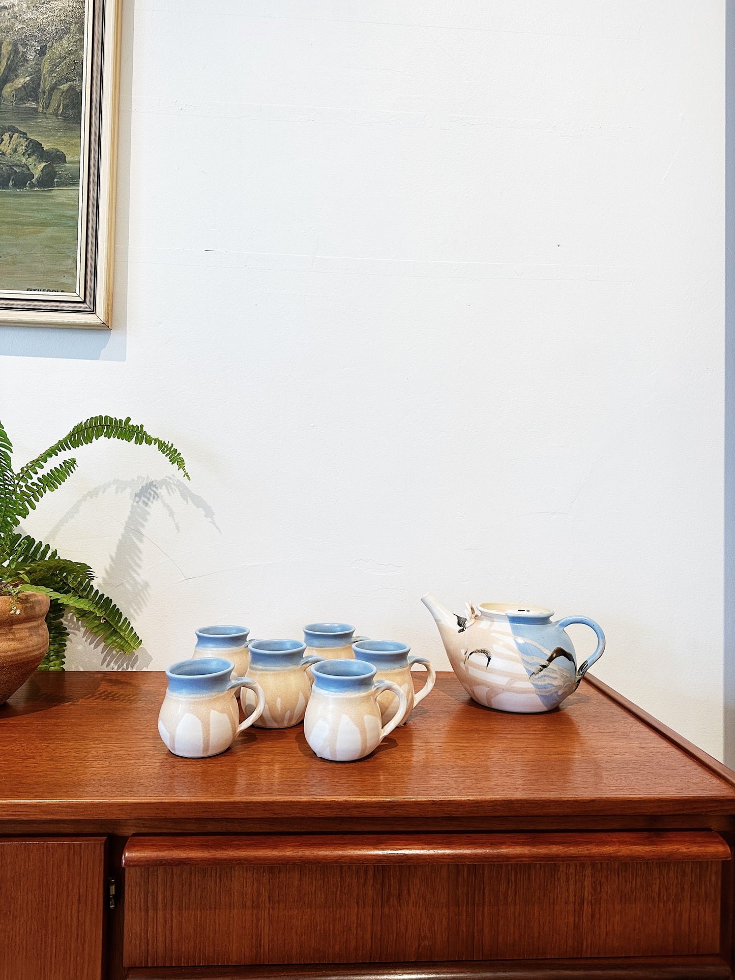 Pottery Teapot & 6 x Mugs