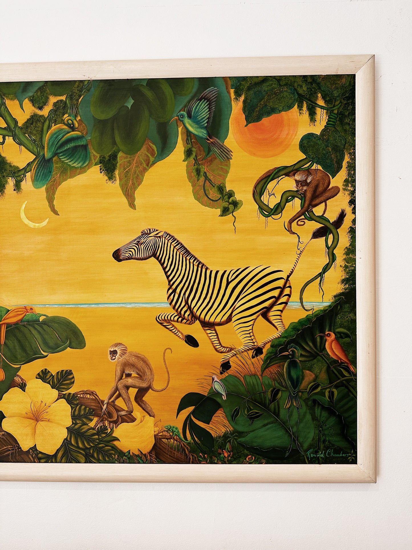Ronald Chambers 80s Acrylic on Board "As The Moon Sets The Sun Rises And The Day Begins"