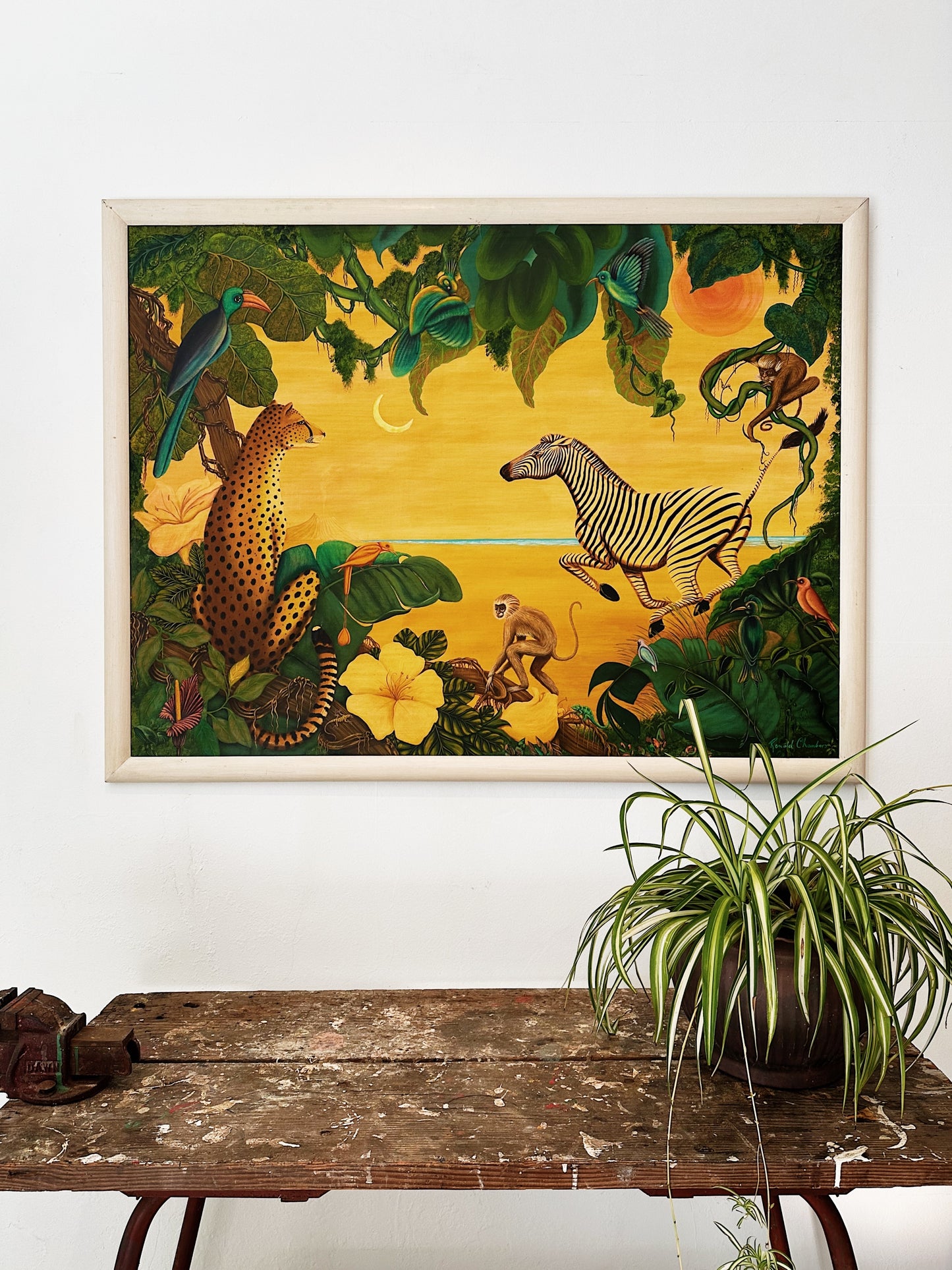 Ronald Chambers 80s Acrylic on Board "As The Moon Sets The Sun Rises And The Day Begins"