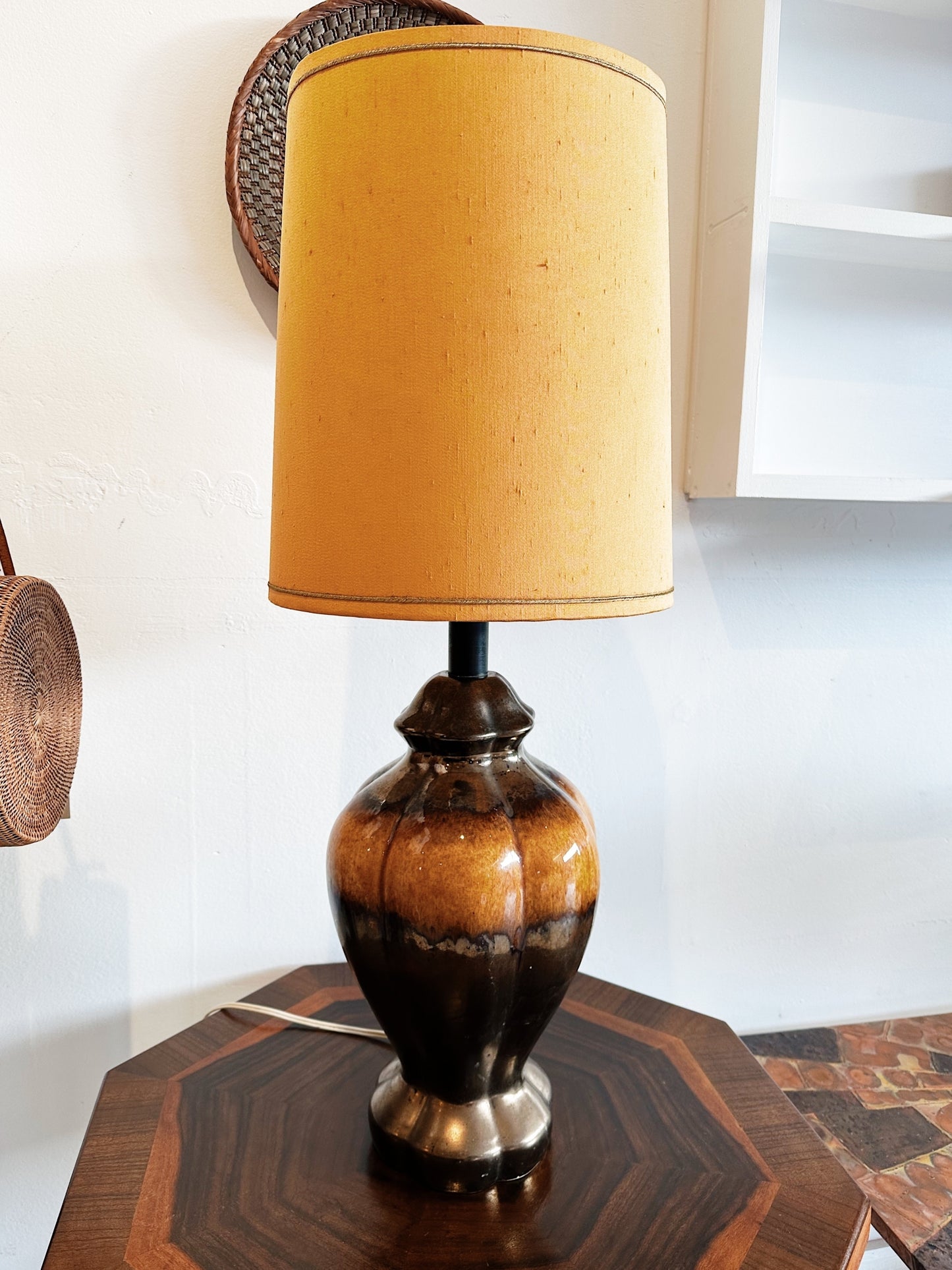 Vintage Coffee Oil Glaze Ceramic Lamp w Original Peach Shade