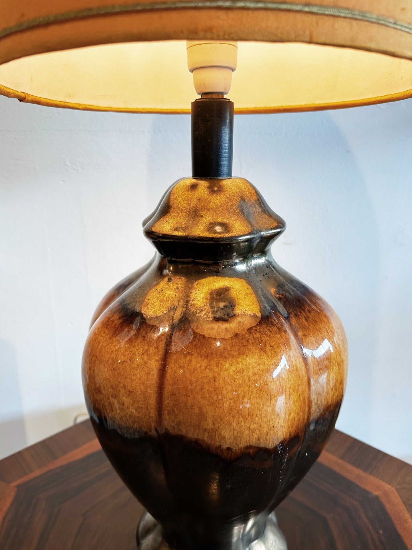 Vintage Coffee Oil Glaze Ceramic Lamp w Original Peach Shade