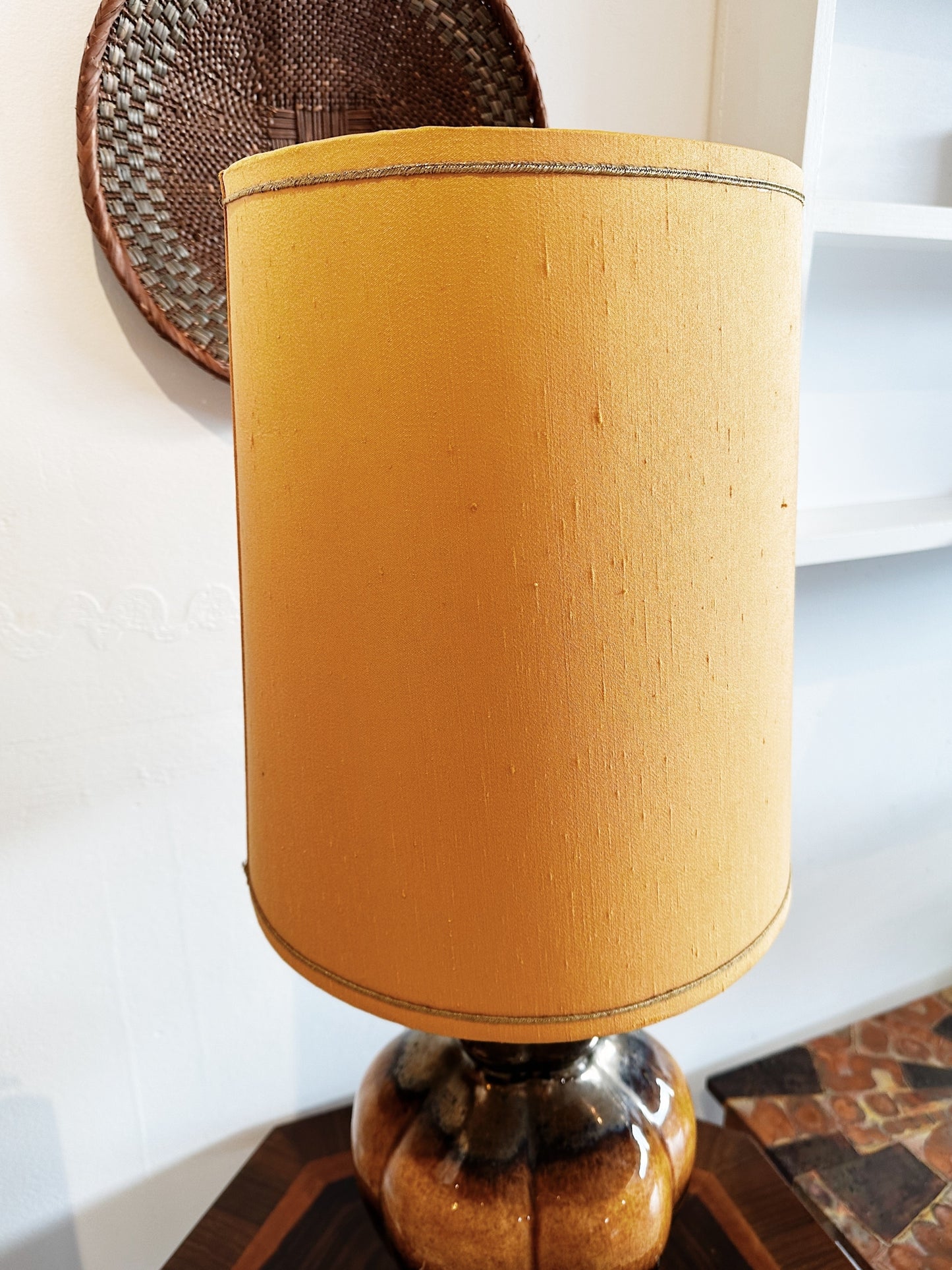 Vintage Coffee Oil Glaze Ceramic Lamp w Original Peach Shade