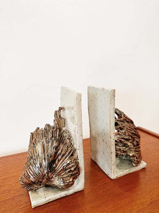 Vintage Handmade Pottery Leaf Bookends