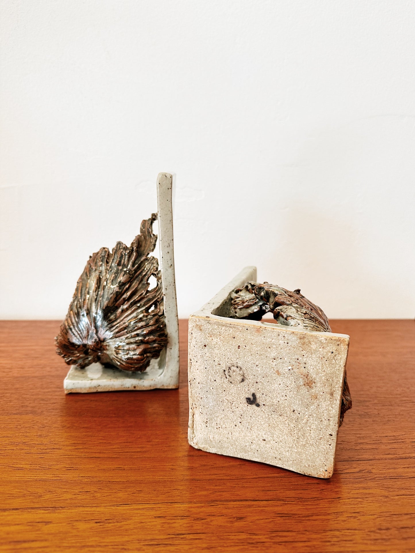 Vintage Handmade Pottery Leaf Bookends