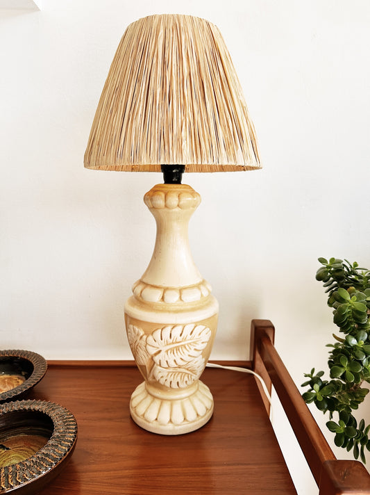 Vintage Monstera Lamp w/ Handmade Raffia Shade by Tikifeva