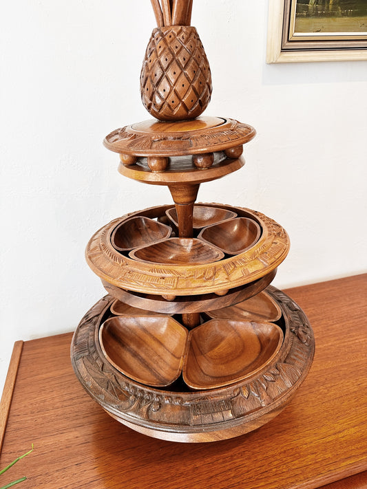 Vintage Tiki Monkey Pod Lazy Susan Server
