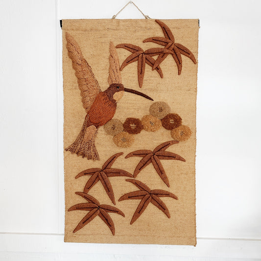 70s Vintage Meher Hummingbird Jute Wall Hanging