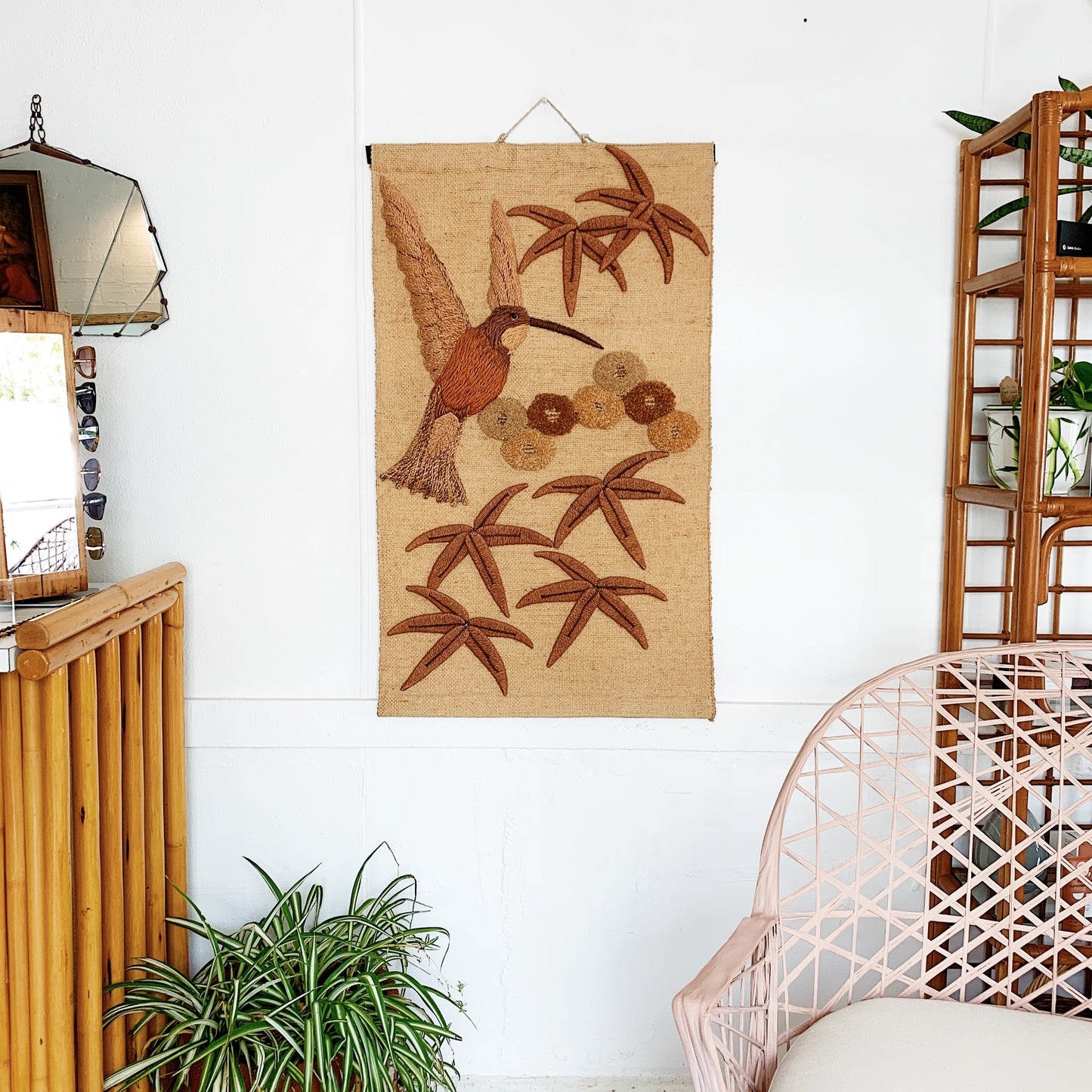 70s Vintage Meher Hummingbird Jute Wall Hanging