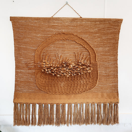 70s Vintage Meher "All The Wildflowers" Jute Wall Hanging
