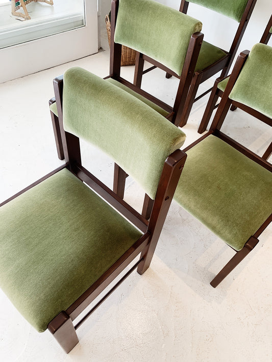 80s Vintage Velvet Moss Green Dining Chairs (set of 6)