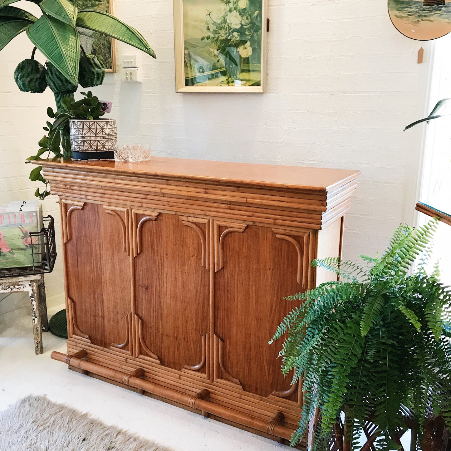 Mid-Century Modern Rattan Manila Booze Stand