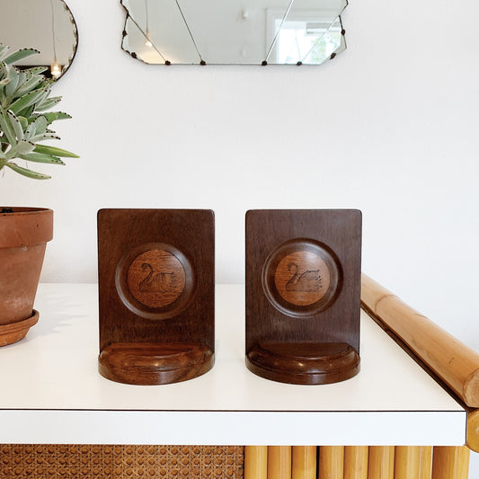 Art Deco Swan Marquetry Oak Bookends