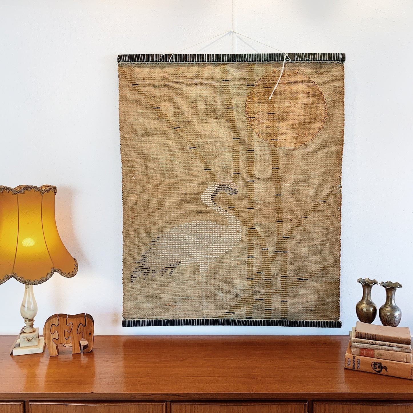 Bamboo Forest Crane Jute Wall Hanging
