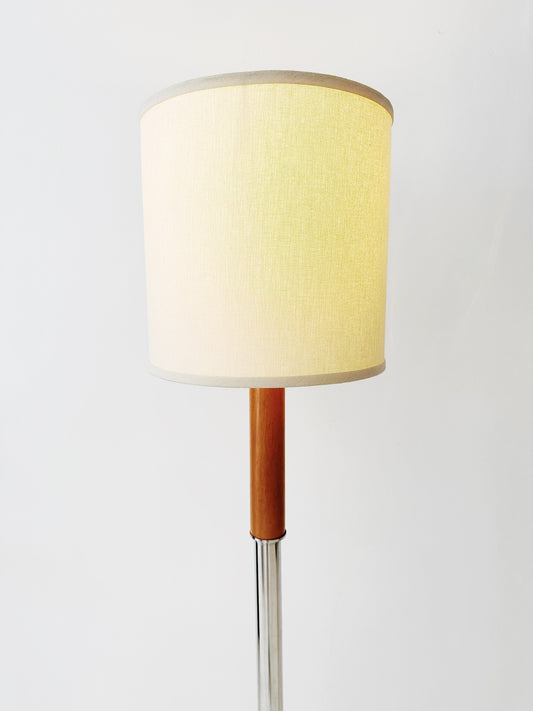 90s Beech and Chrome Console Lamp w/ Linen Drum Shade