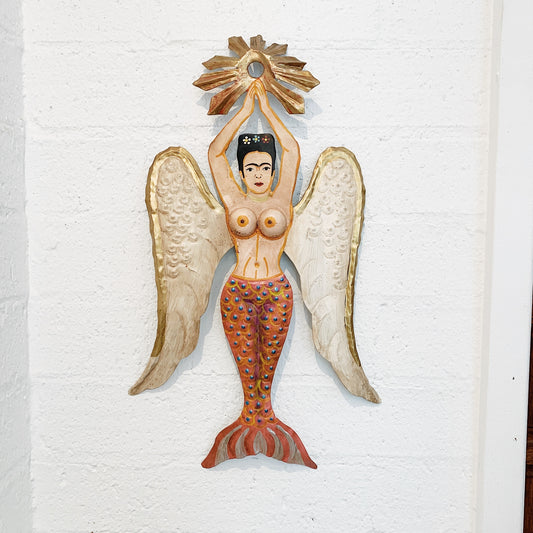 Folk Art Tin Mermaid Frida Kahlo, Made In Mexico