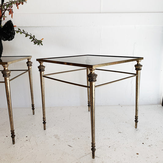 Ornate Italian Solid Brass & Smoke Glass Side Tables