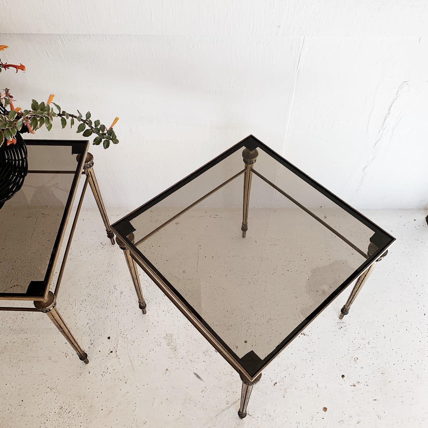 Ornate Italian Solid Brass & Smoke Glass Side Tables