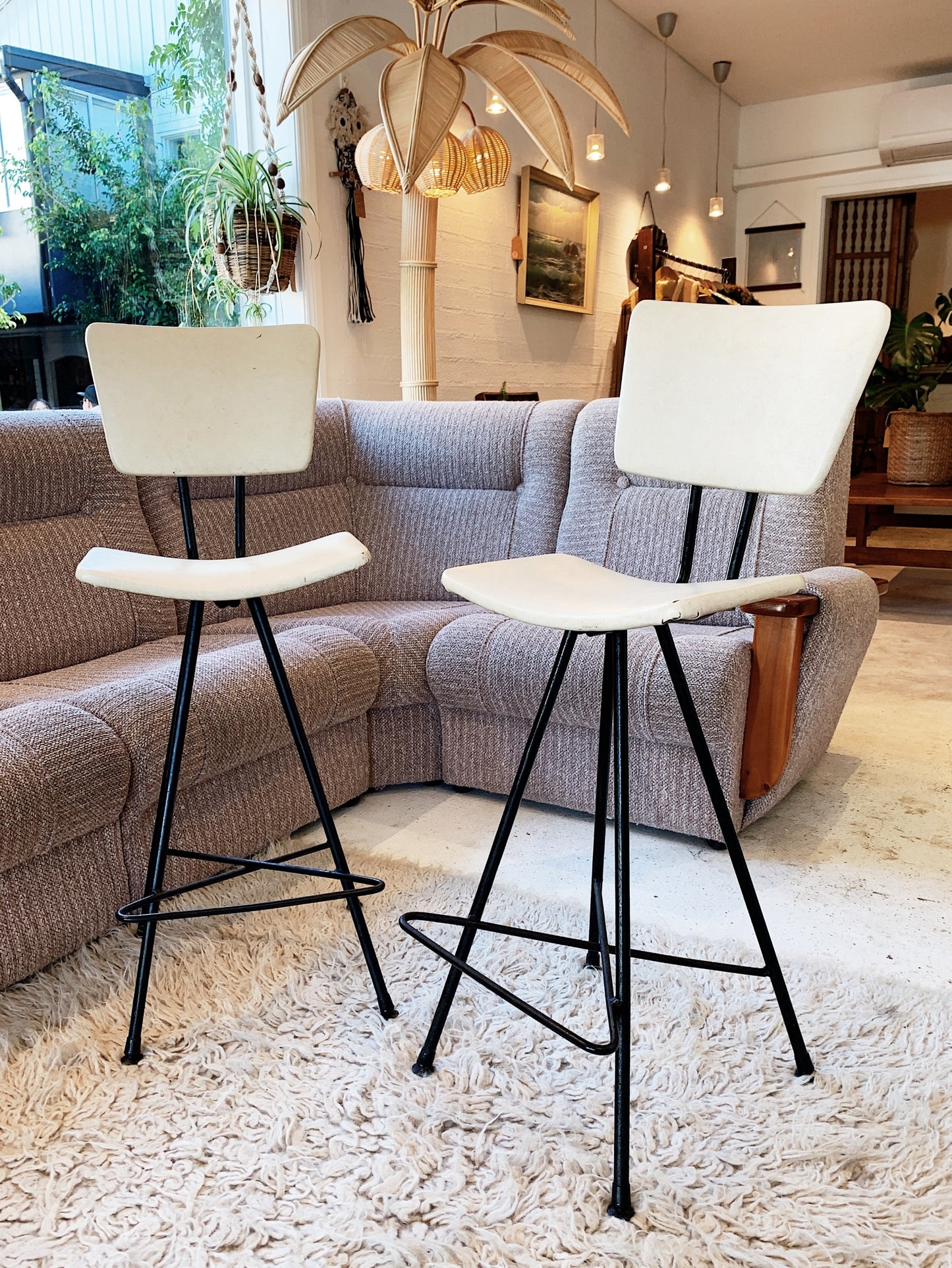 Pair of Atomic Bar Stools in Ivory Vinyl