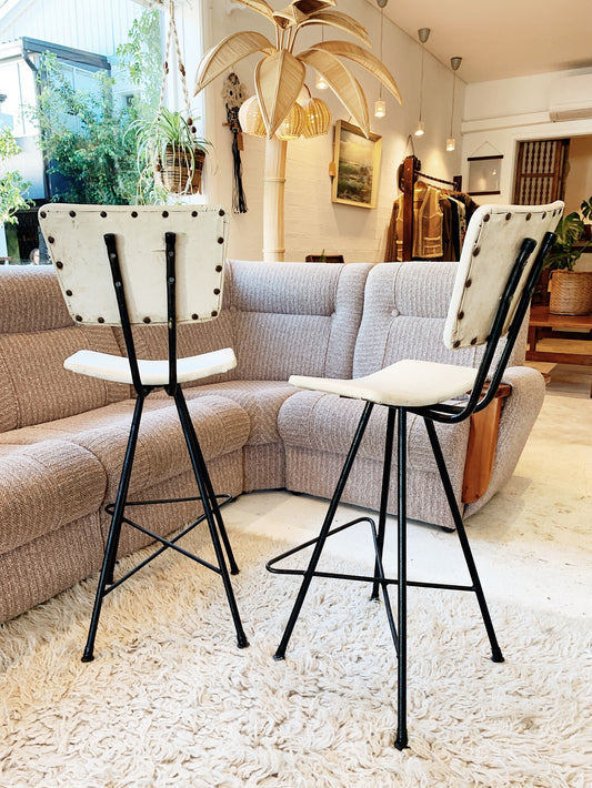 Pair of Atomic Bar Stools in Ivory Vinyl