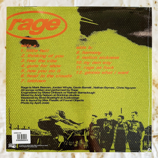 This is a vinyl LP record of Rage, Want To Feel. It has a bright colourful back cover with a photo of the band along the bottom