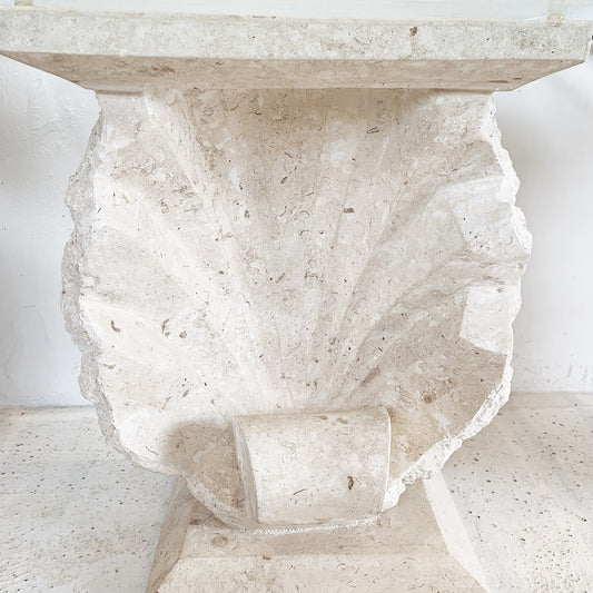 Shell Sculpted Travertine Stone Side Table (2 available)