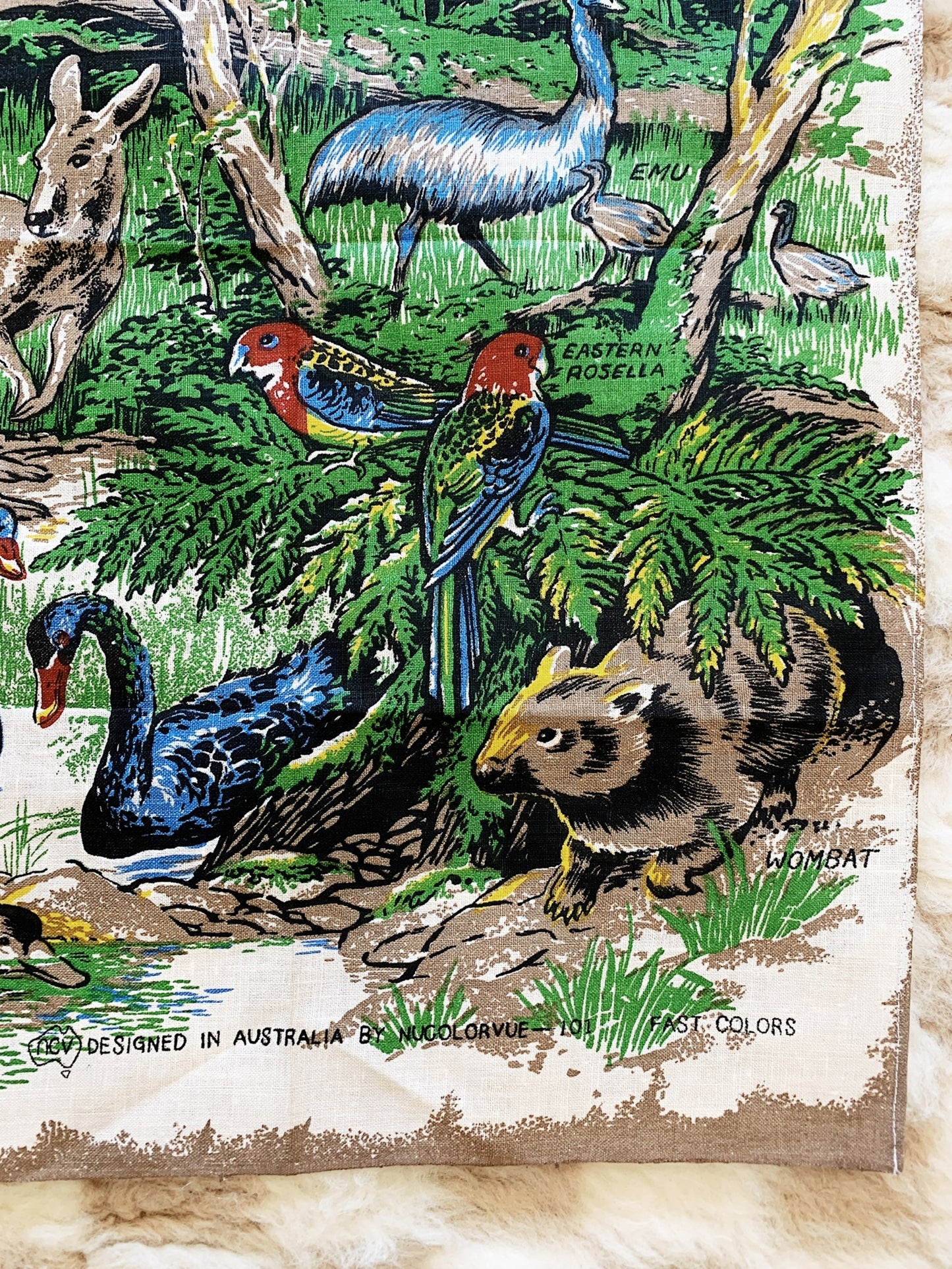Hand Printed Australian Wildlife Bright Souvenir Tea Towel