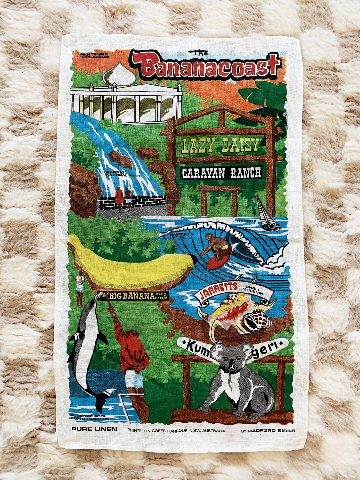 Hand Printed Bananacoast Tour Souvenir Tea Towel