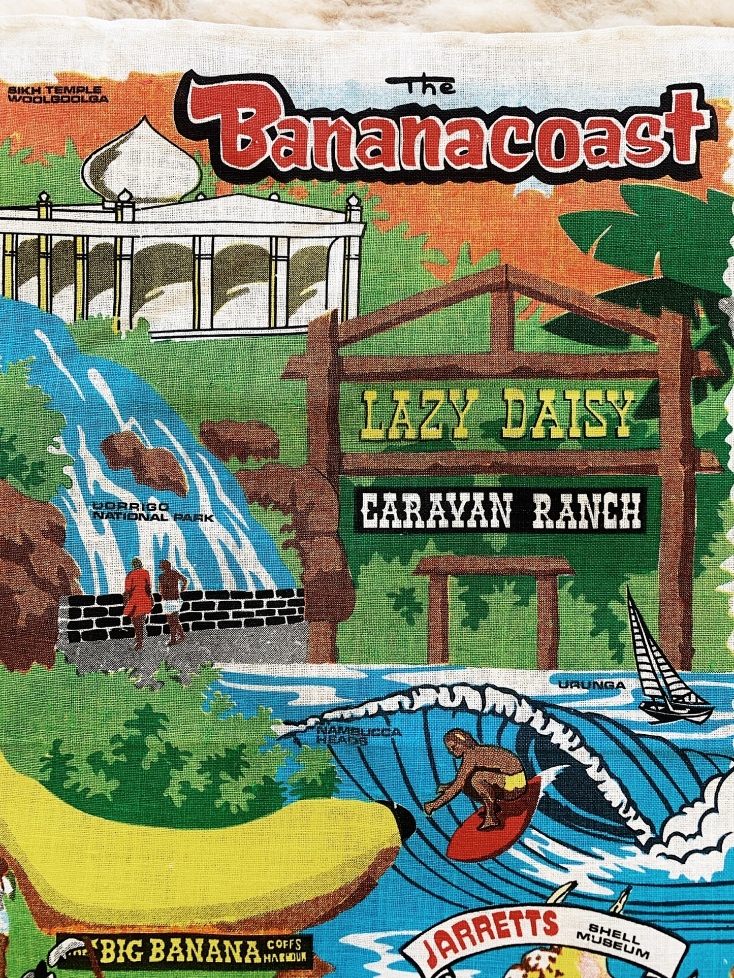 Hand Printed Bananacoast Tour Souvenir Tea Towel